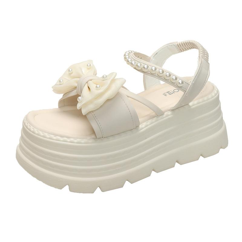 High-heeled Summer Bow Fairy Wind Platform One-word Pearl Sandals Women's 2025 New Fashion Roman Women's Shoes