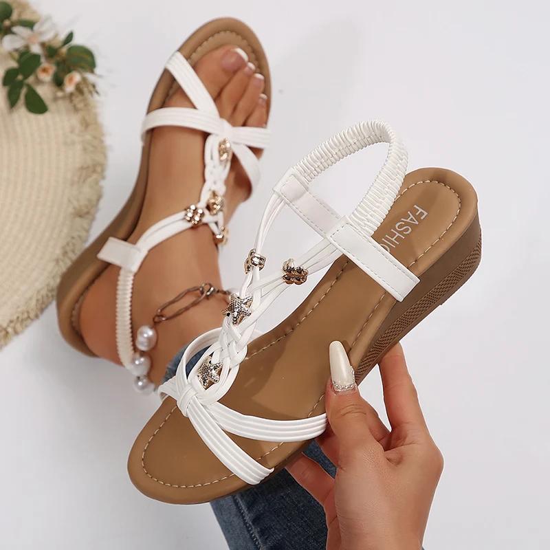 Fashion Summer Woven Wedges Rome Sandals Women 2025 Plus Size 36-42 Elastic Band Sandles Woman Lightweight Slip On Beach Sandalias Mujer