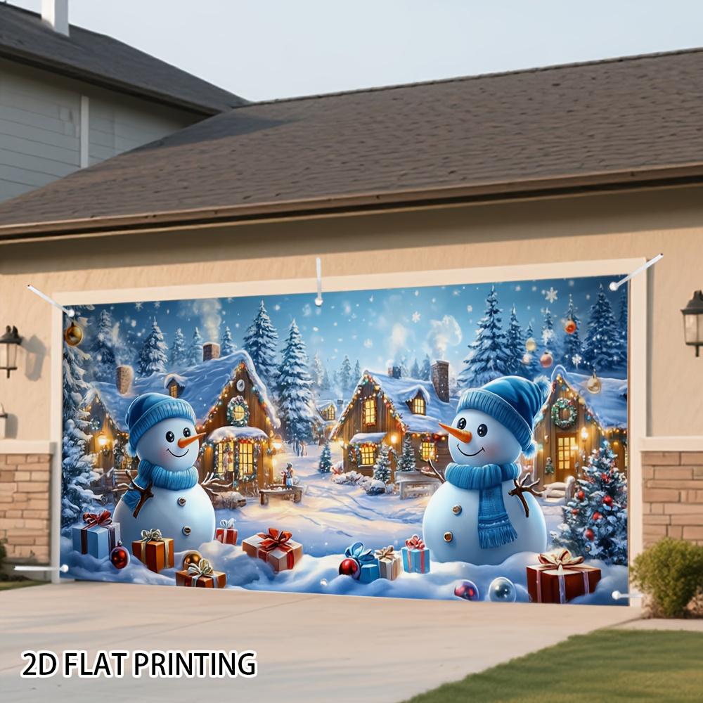 2D Door Banner 1 Piece Winter Snowman Fairyland Garage Door Banner with Snowman Snowflake and Flashing Effects