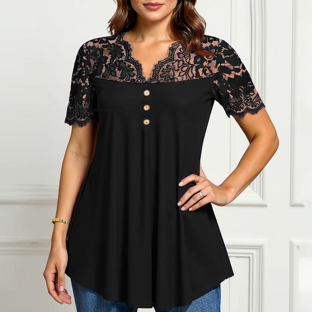 Women's Solid Color Lace V-neck Short Sleeved Casual Top