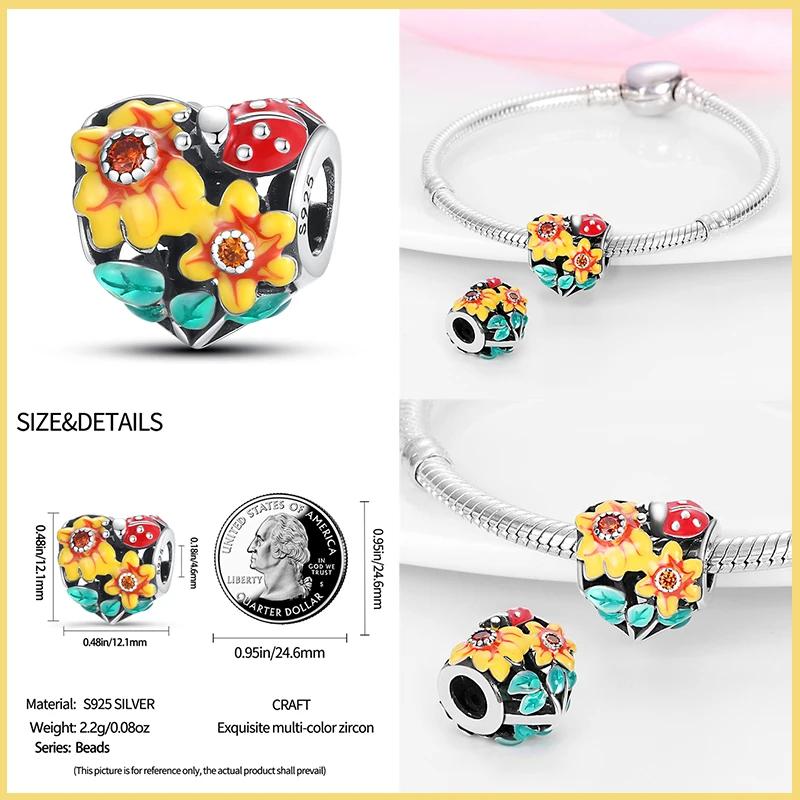 New 925 Silver Fashion Golden Sunflowers Heart Charms Beads Fit 925 Bracelets Luxury Party DIY Jewelry