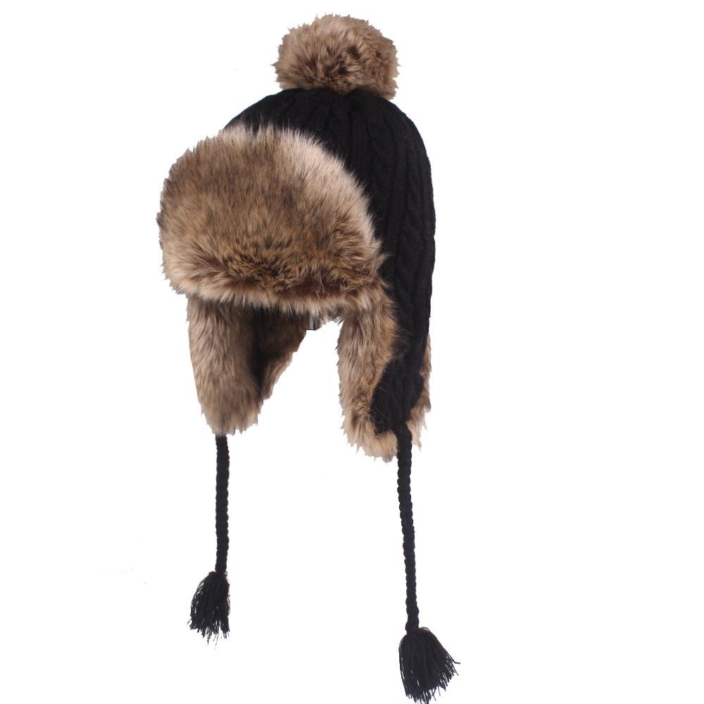 

Мяч из кроличьего меха, женская шерстяная кепка, осенне-зимняя толстая ветрозащитная кепка с защитой ушей, лыжная кепка, шапки с черепами, кепка с рукавами чёрный