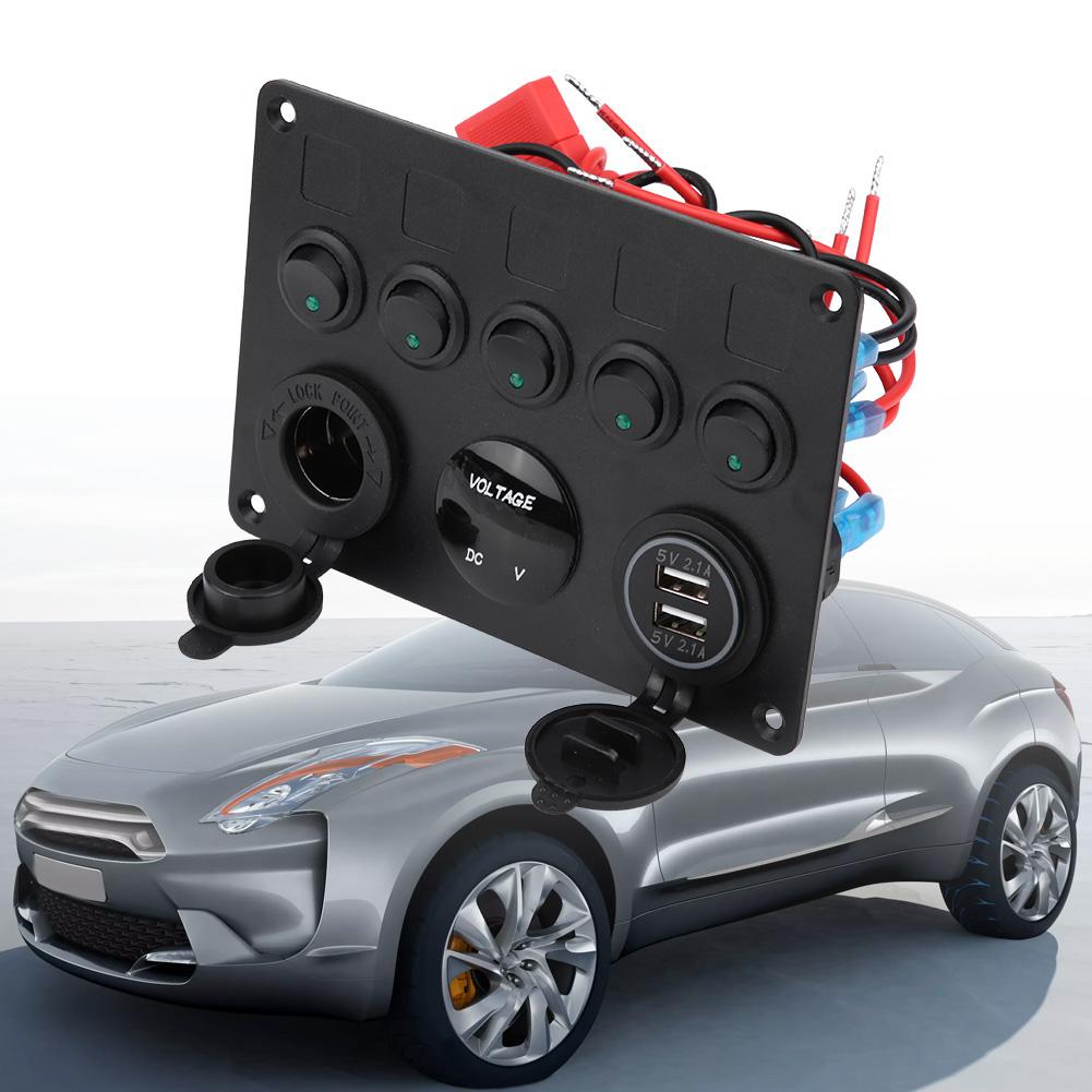 12-24V 5 Gang OnCelsiusOff Toggle   Panel Dual USB Voltmeter for Car Boat Marine Truck Green LED