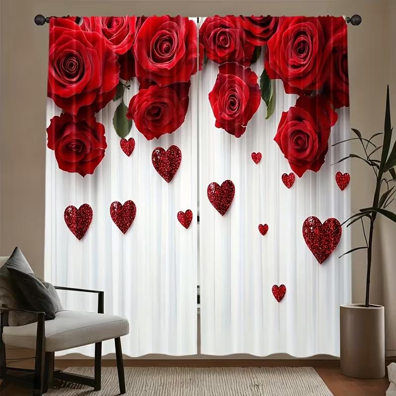 2PC Red Rose Glitter Heart Sheer Curtains - Romantic Valentine's Themed Print Window Drapes for Bedroom Living Room Decor