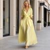 Damen Maxikleid Hemdkleid, Halbsärmel Revers V-Ausschnitt Langes Kleid, Lässiges A-Linie Lockeres Schwingkleid mit Taschen