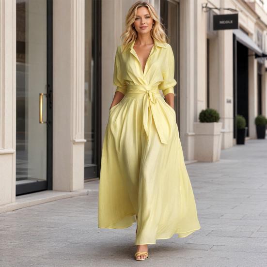 Damen Maxikleid Hemdkleid, Halbsärmel Revers V-Ausschnitt Langes Kleid, Lässiges A-Linie Lockeres Schwingkleid mit Taschen