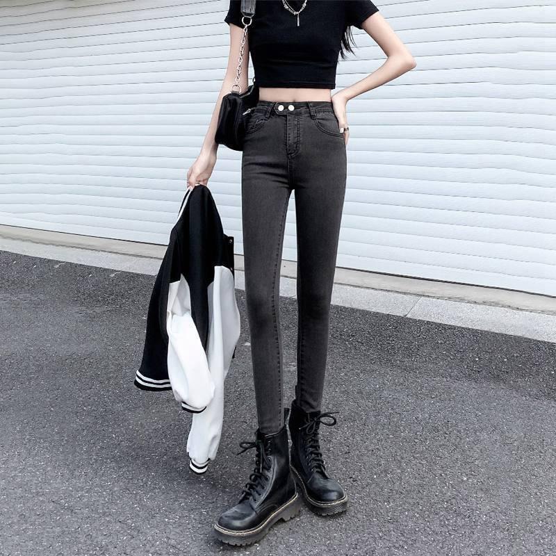 Women s High-Waisted Cropped Flared Skinny Jeans with Elastic Double Button 26