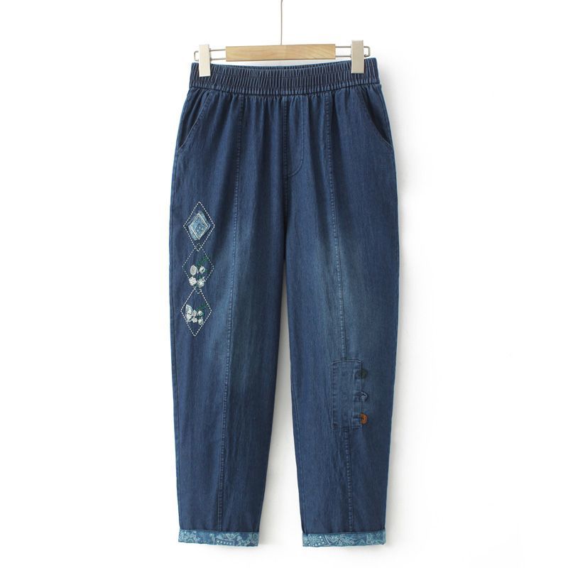 Summer New Loose Jeans Women's Elastic Waist Thin Embroidered Women's Pants Large Elastic Cropped Pants