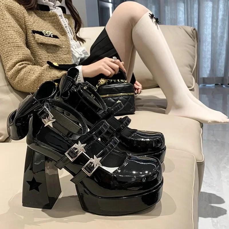 Jarní Punk Robustní Platforma Vysoké Podpatky Lodičky Ženy Silný Podpatek Mary Jane Lolita Boty Žena Lakovaná Kůže Cosplay Boty