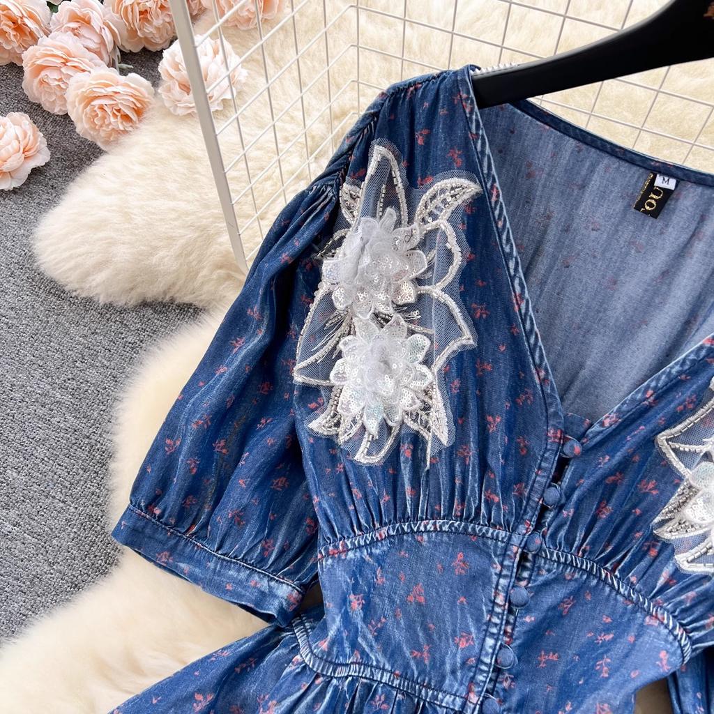 Fashion Summer Flower Print Soft Thin Denim Midi Dress Vintage Women V Neck Embroidery Floral High Waist Cowboy Office Dresses