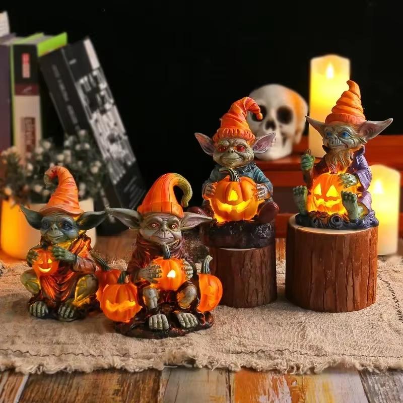 

Halloween Decoration Hug Pumpkin Lantern Elf Resin Craft Decoration Home Desktop Glowing Dwarf Dwarf Doll Desktop Ornament