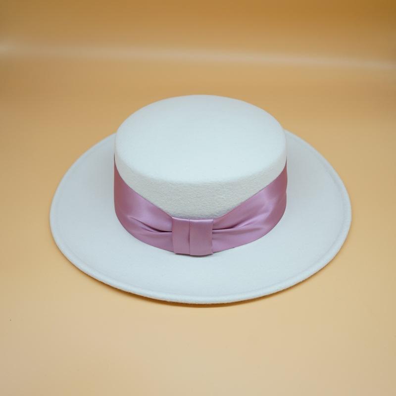 French Celebrity Retro Bow White Wool Woolen Flat Top Top Hat Women'S Autumn And Winter Foreign Trade Wide Brim British Versatile Felt