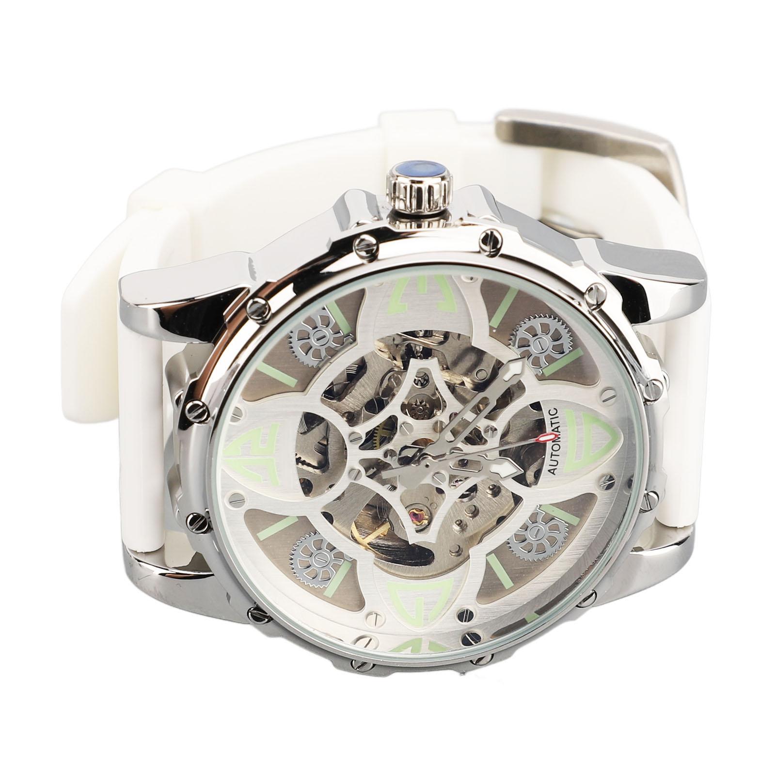 

Automatic Mechanical Watch Four Leaf Clover Pattern Double Skeleton Dial 30M Water Resistance Luminous Silicone Strap Silvery White