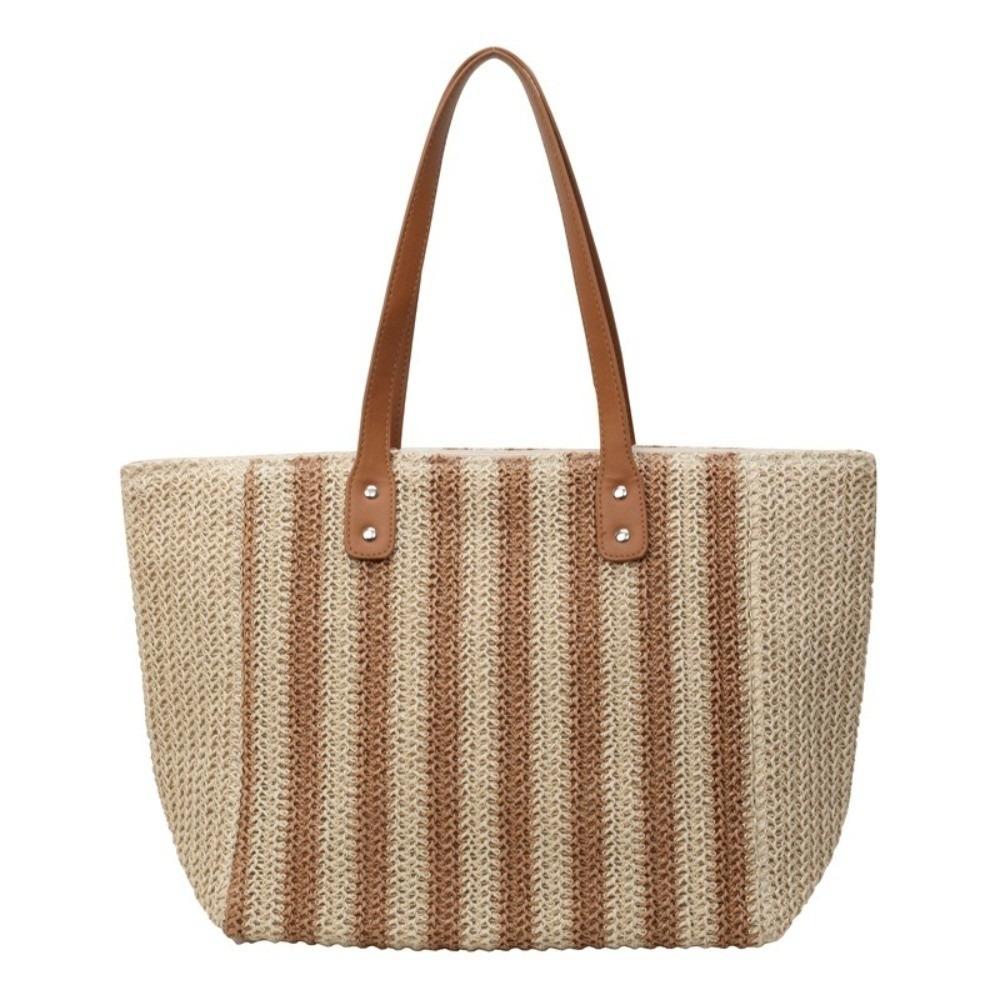 Striped Straw Shoulder Bag Bohemian Women Shopping Handbag Portable Weave Tote Bag Girl
