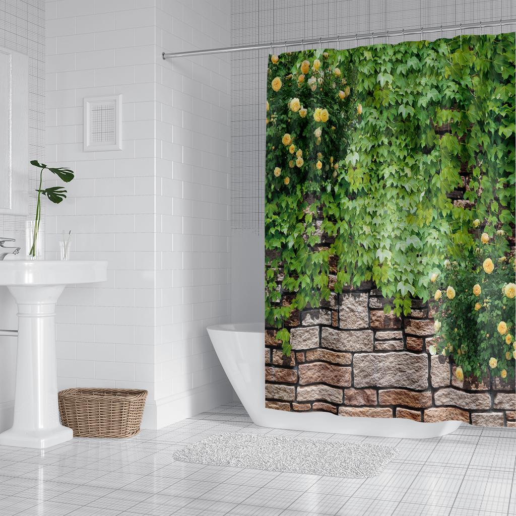 1 piece of 180x180cm green leaf brick wall landscape printed shower curtain partition, bathroom waterproof and mold resistant
