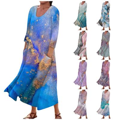 Women's Fashion Casual Print Round Neck 3/4 Sleeve Loose Pocket Dress