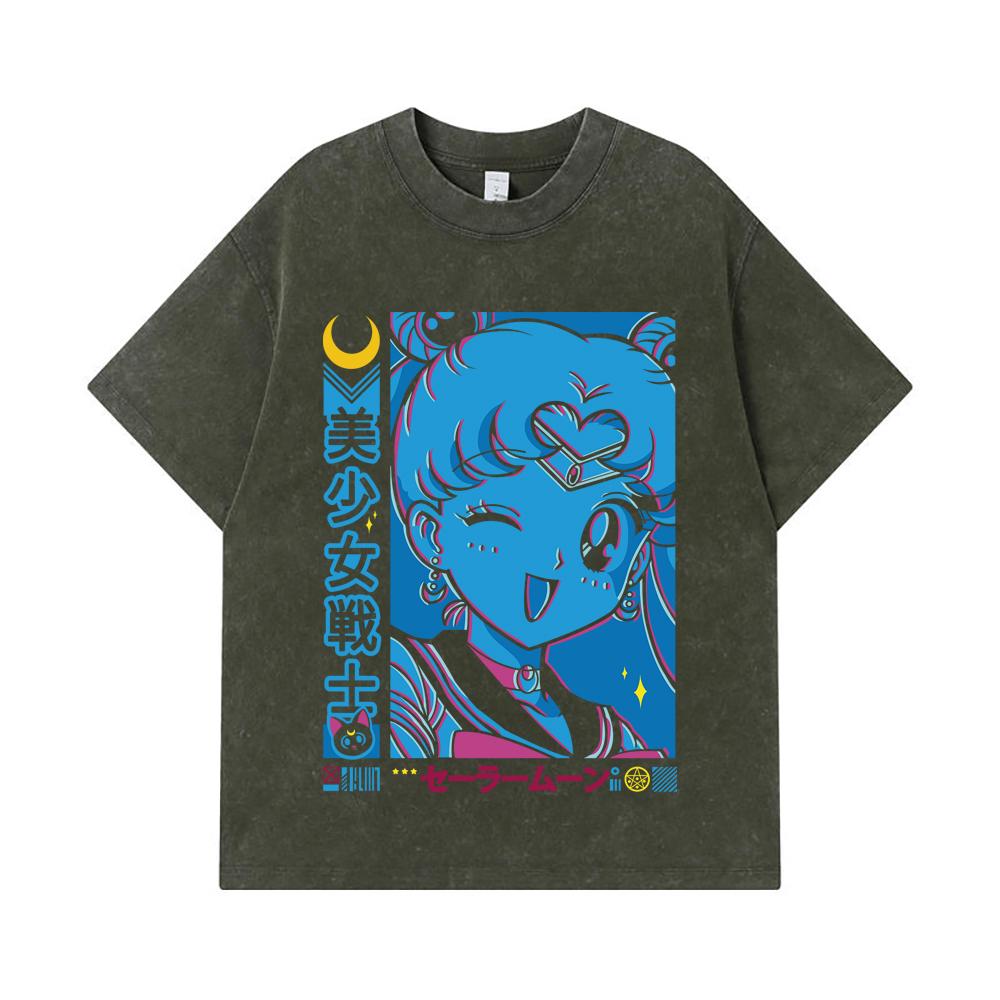 

275 GSM Washed T-shirts 100% Cotton Sailor Moon V13 Print Unisex Heavy Cotton T Shirt S армия зеленый