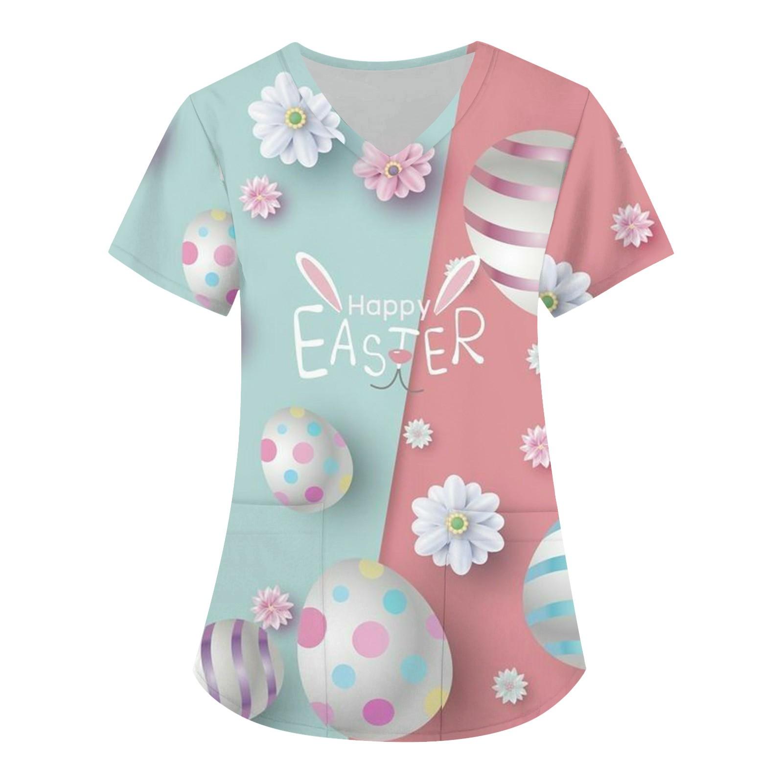 

Женские топы с короткими рукавами и V-образным вырезом с пасхальным принтом, рабочая блузка с карманами XL розовый
