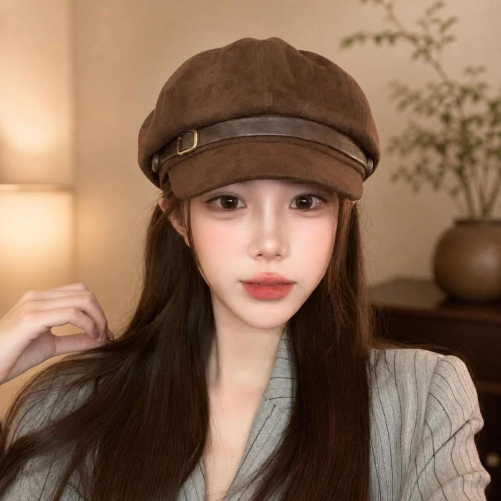 Leather Belt Decor Newsboy Cap British Style Octagonal Beret Hat Retro Baker Boy Cap For Women