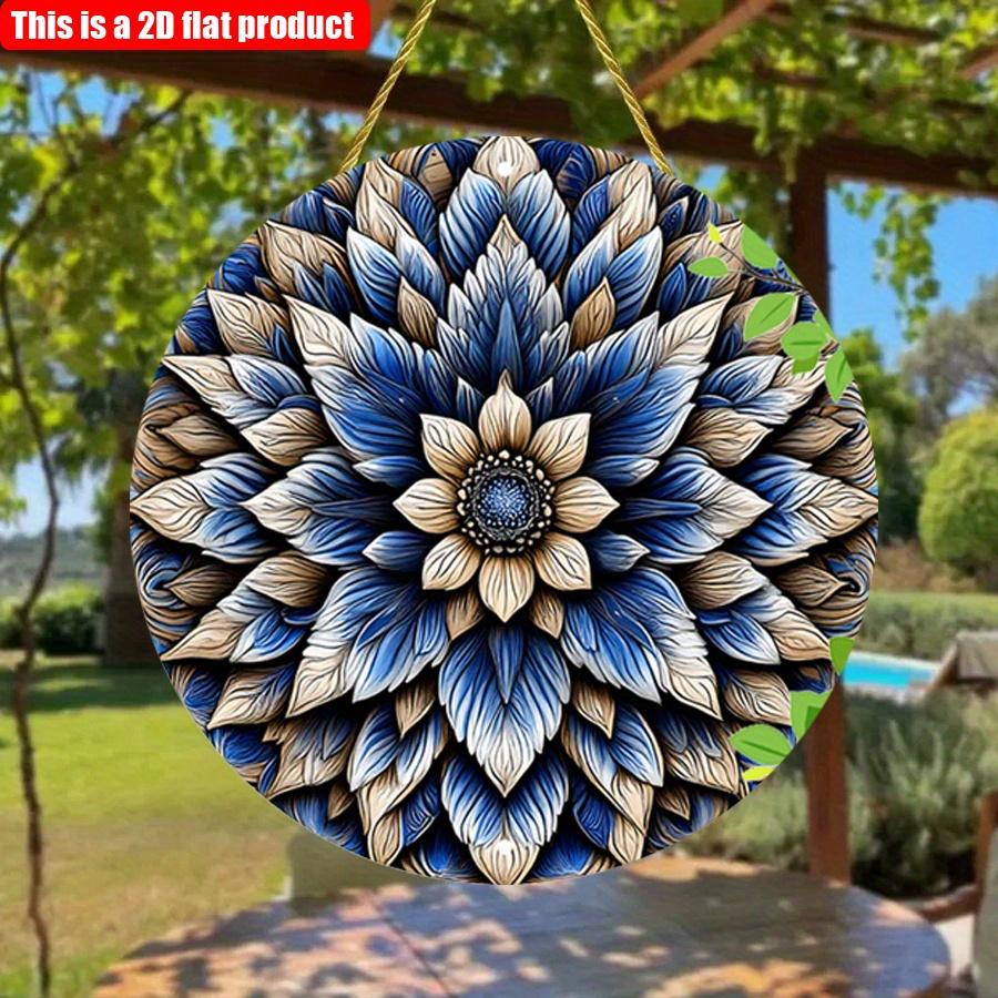 2D Flat 20*20cm 1pc Retro Blue Floral Mandala Round Wall Art Plaque, Nostalgic&Novelty Style Detailed Symmetry Flowers Pattern Environmental Embellish