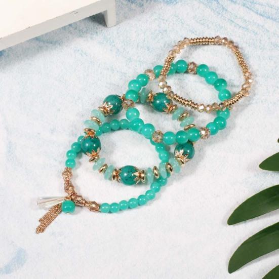 4Pcs/Set Boho Faux Agate Pearl Tassel Chain Charm Beaded Bracelet Women Jewelry