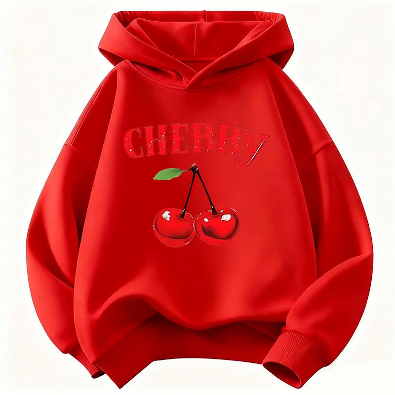 Stylish Kids Hoodie Pullover, Cute Hand Drawn Cherry Fruit With CHERRY Text Art Graphic Sweatshirt, Autumn Winter Casual Long Sleeve Top for Children