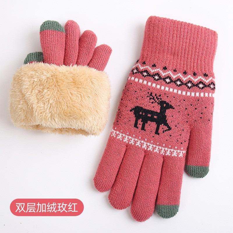 Knitted gloves, women's autumn and winter warm outdoor cycling cold-proof double-layer velvet thickened, touch screen gloves