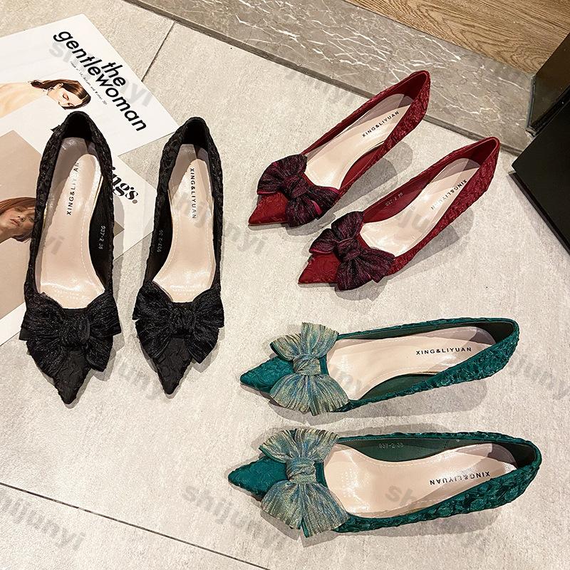 Fashion Sexy High Heels Pumps for Women 2025 Spring New Slip On Thin Heeled Party Shoes Ladies Pu Leather Pointed Toe Bows Single Shoes