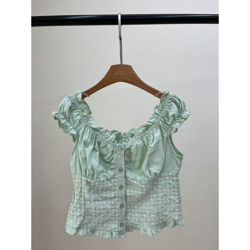 American Original Single Age-Reducing Sweet Fresh Ballet Style Sweet and Spicy Embroidered Wavy Edge Shirt Pure Cotton Top