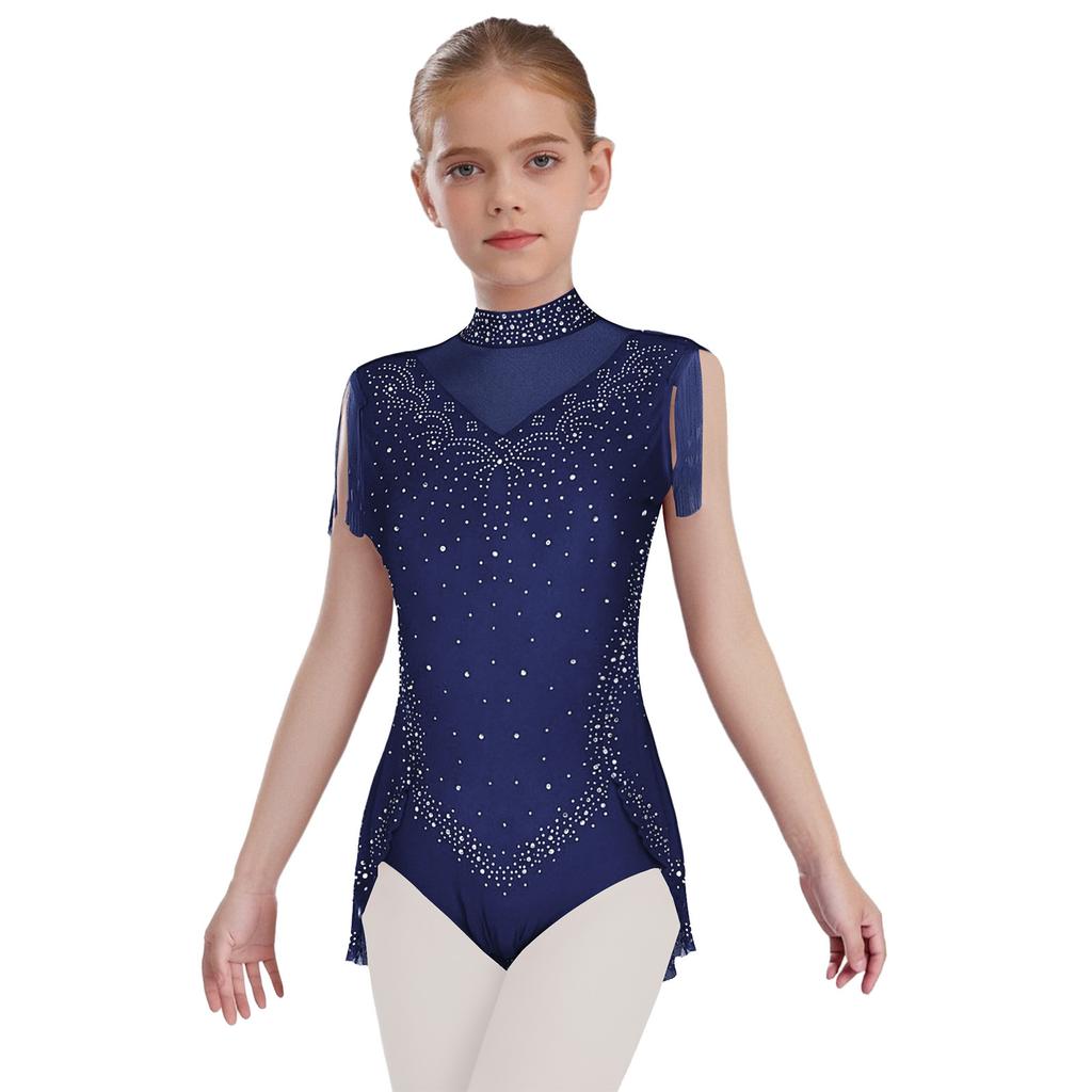 Jenter Glitrende Rhinestones Danse Leotard Mock Neck Ermeløs Usynlig Glidelås i Ryggen Gjennomsiktig Netting Skjørt Bodysuit