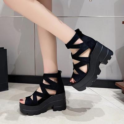 2025 New Summer Women Square Heel Sandals Round Head Hollow-out Suede Back Zipper Waterproof Platform Non-slip High Heels Shoes
