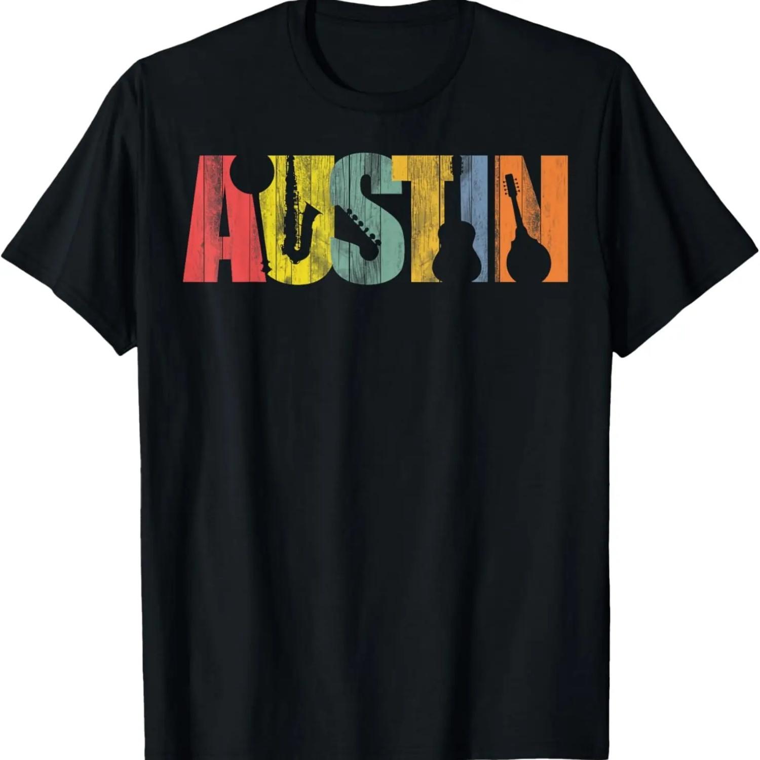 Austin Texas Distressed Vintage Musical Instrument Design T-Shirt S