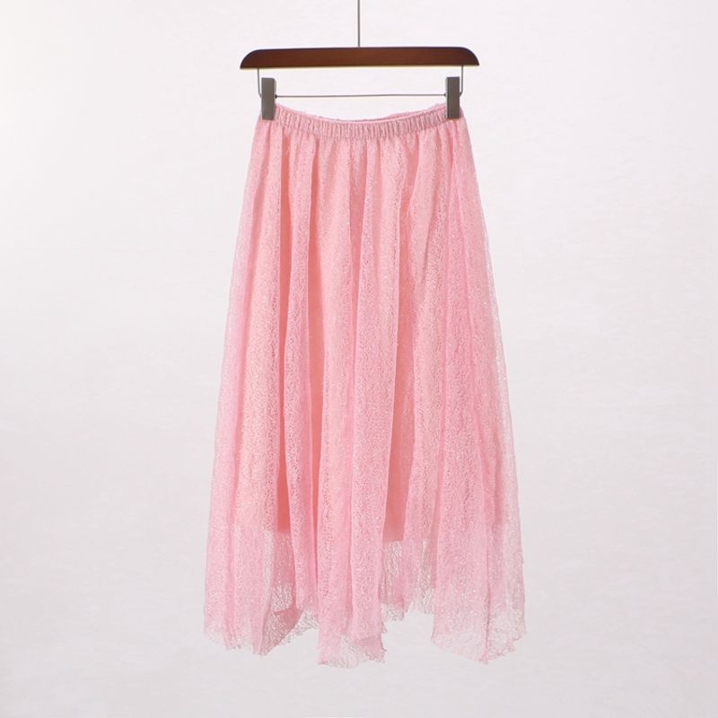 

[WM] Pinshangtuan Discount European and American All-Matching Women s Spring Elastic Waist Sweet Bright Silk Skirt Long Skirt 7004-28 Pink Free size (random with different lining)