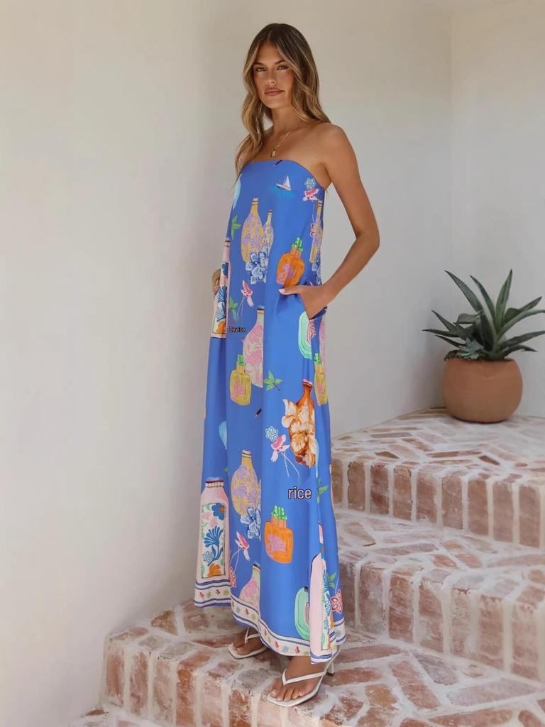 2025 European Linen Strapless Casual Holiday Dress