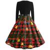 Women's Retro V-Neck Christmas Print Dress with Snowflake and Christmas Tree Pattern