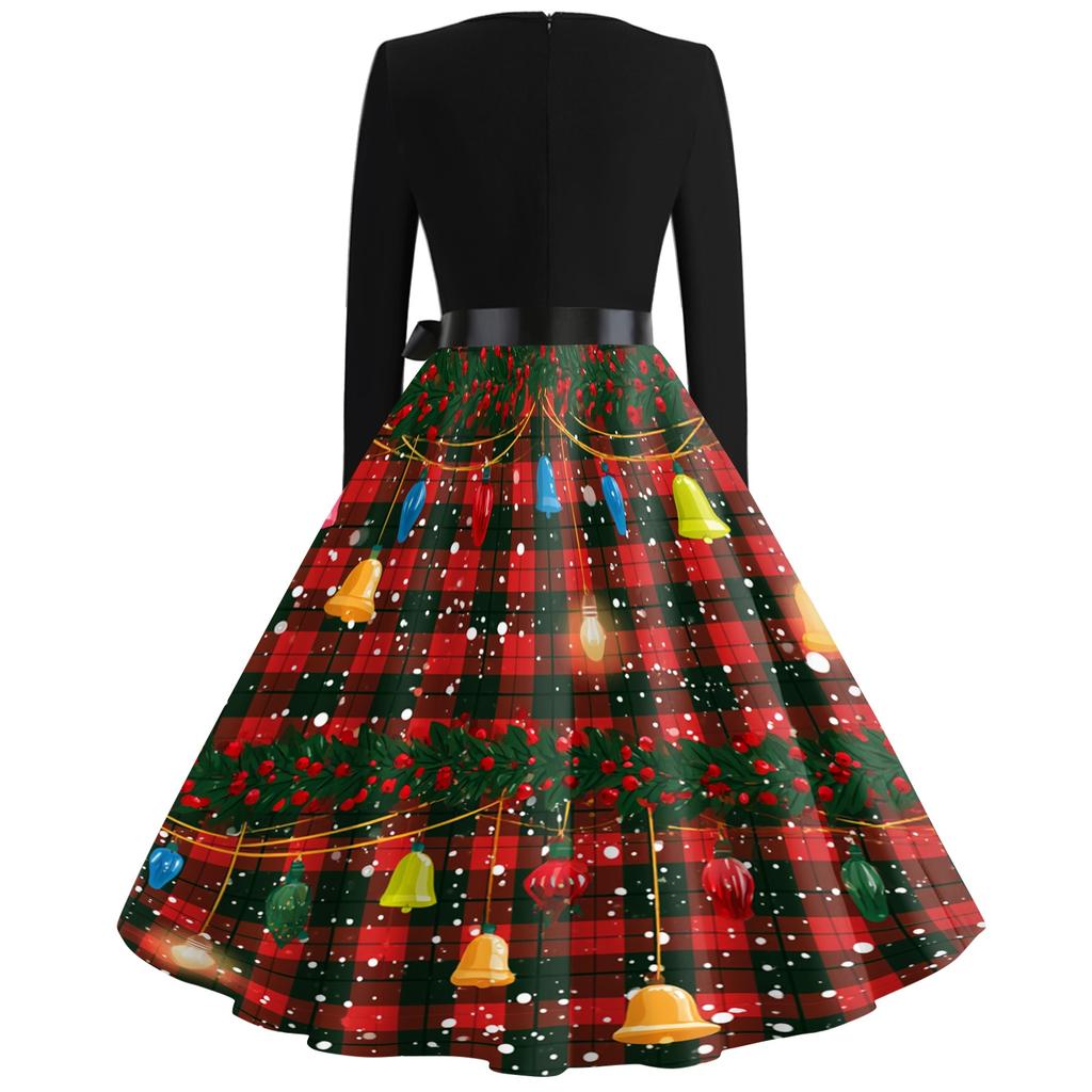 Women's Retro V-Neck Christmas Print Dress with Snowflake and Christmas Tree Pattern