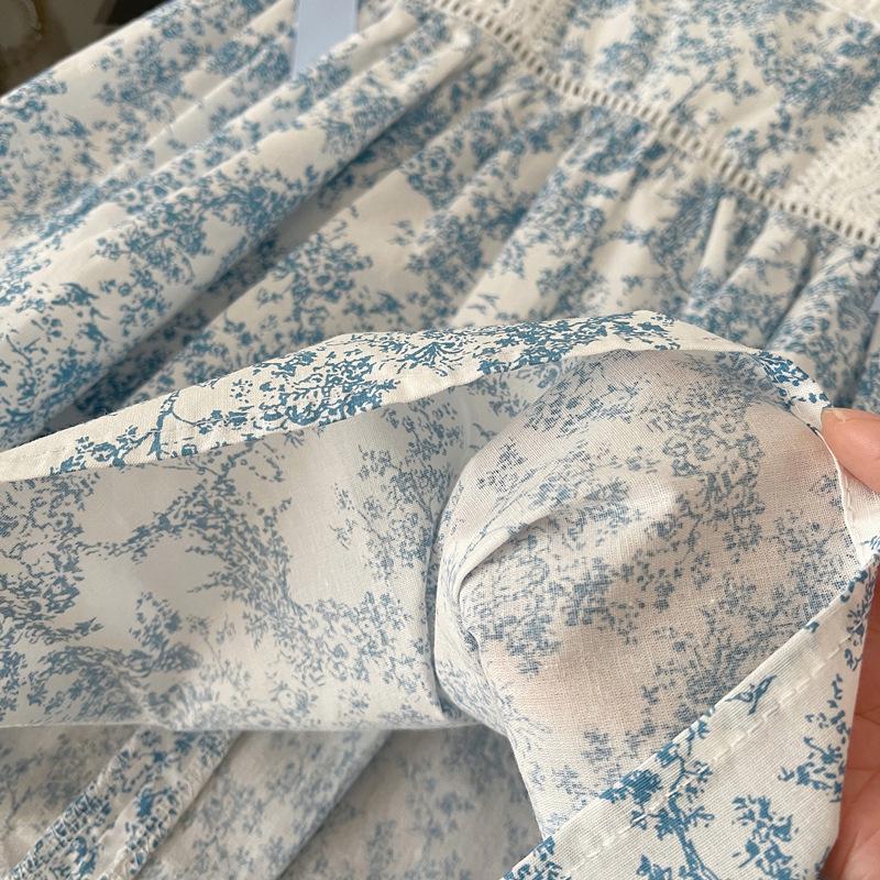 Girls' Blue & White Floral Sleeveless Bowknot Dress