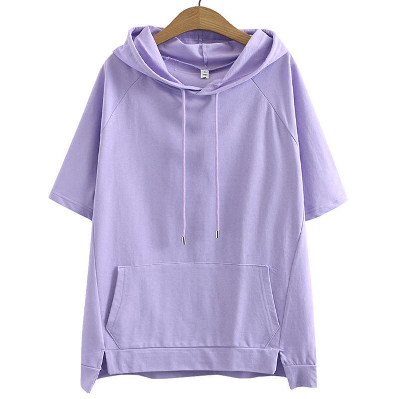 Sommer Damen Koreanische Version des Kapuzenoberteils Einfarbig Lässiger Stil Kurzarm T-Shirt Große Größe Kapuzenpullover T-Shirt