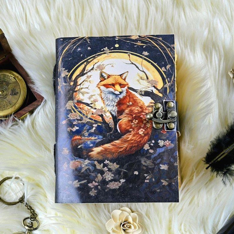 Fox Leather Journal: Handmade Grimoire, Blank Book of Shadows, Celestial Gifts