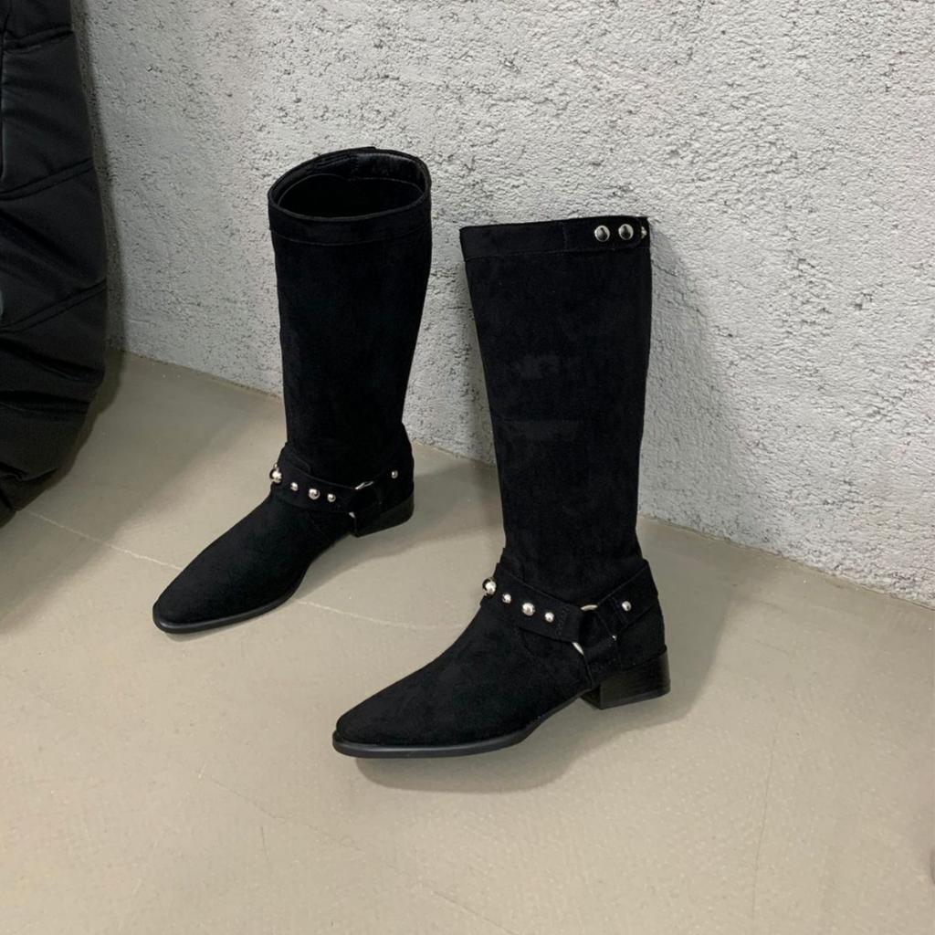 Retro Western Cowboy Boots Women's 2025 Autumn New Niche Design Belt Buckle Thick Heel High Knight Boots