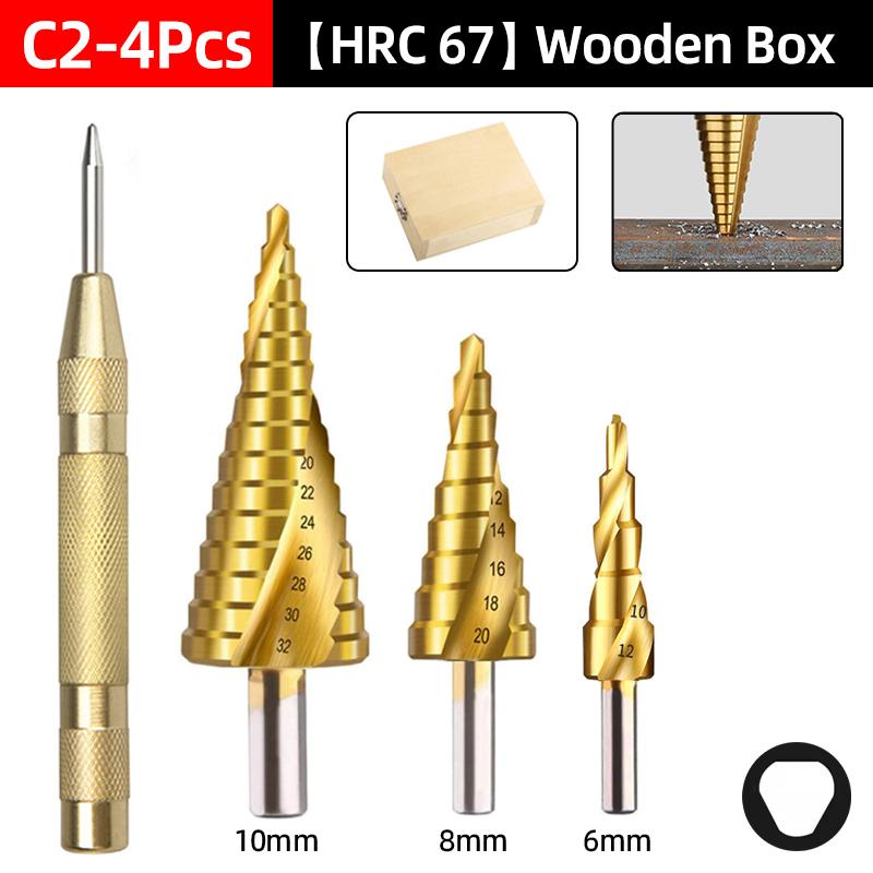 HSS Step Drill Bit Center Punch Drills Set 4-12 4-20 4-32mm Woodworking Metal Hole Cutter Cone Core Drilling Hole Tools Wood Box