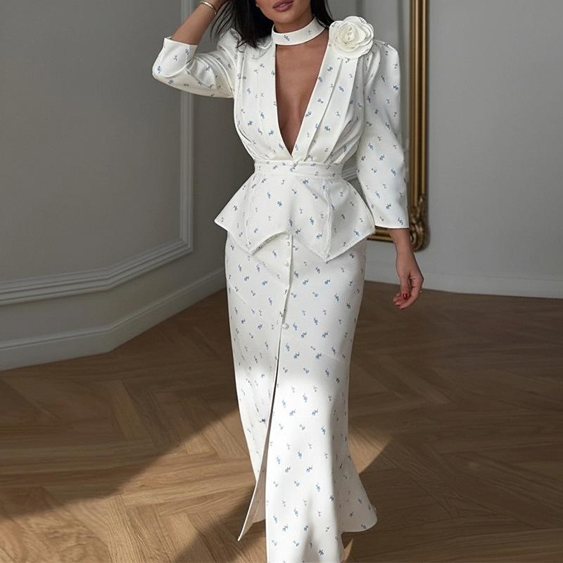 2026 spring new women's clothing, cross-border Amazon Europe and the United States, fashionable and elegant commuter printed V-neck dress set