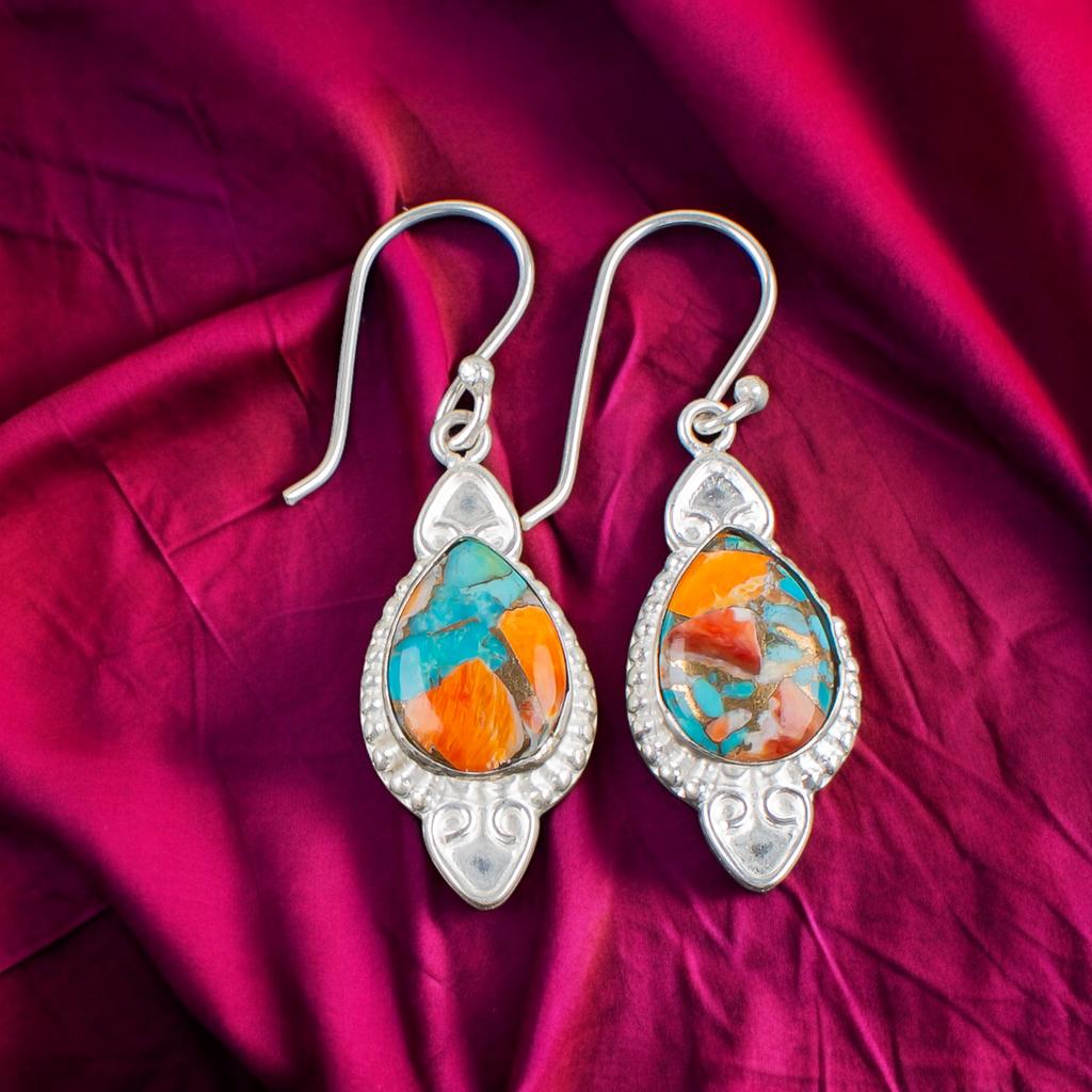 Spiny Oyster Gemstone 925 Sterling Silver Handmade Jewelry Hook Earrings 1.90" EE-42-35