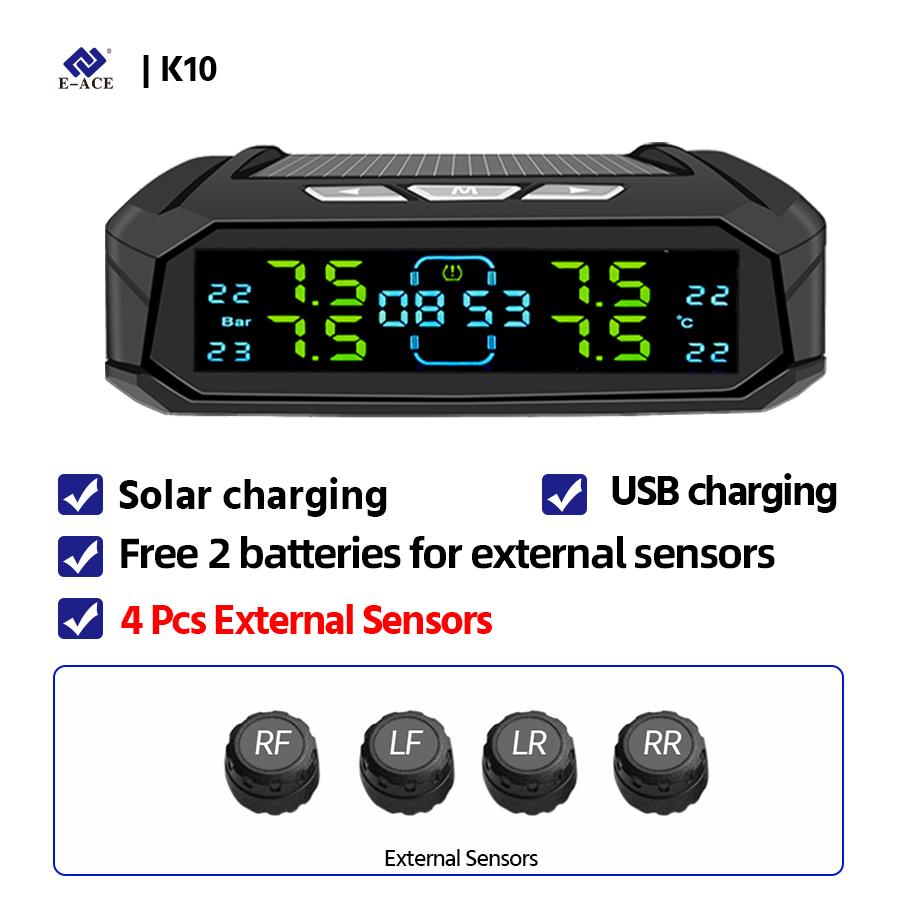 

Intelligent Tire Pressure Solar and USB Charging HD LCD Screen with 4-Wheel Simultaneous Display TPMS Safety Alarm External Sensor-k10