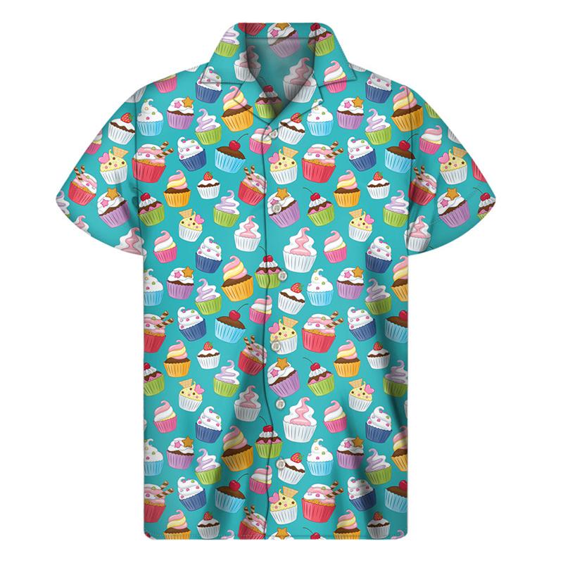 Camicie Hawaiane Grafiche con Cupcake Cartoni Animati da Uomo Camicia a Revers con Cibo Estiva Street T-shirt Larghe Bottoni Maniche Corte Blusa
