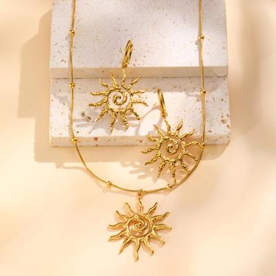 New Exaggerated Stainless Steel Sun Pendant Necklace Drop Earrings for Women Trendy Waterproof Statement Jewelry Set Accessories