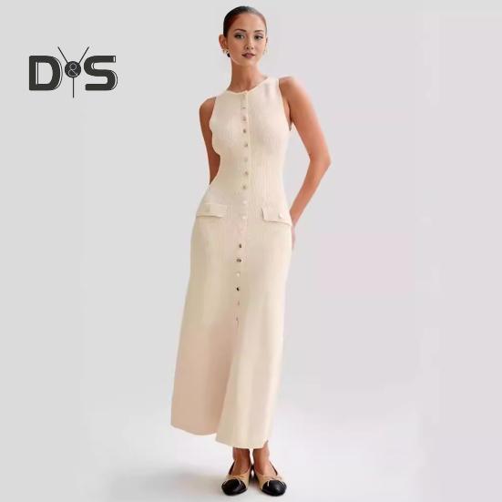 Letní dámské šaty Pletené pouzdro Slim Fit Jednobarevné Kulatý výstřih Elastické Bez rukávů Jednořadové knoflíky Délka do půli lýtek Midi šaty