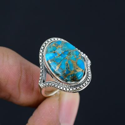 Natural Copper Turquoise Gemstone 925 Sterling Silver Eye Shape Ring For Women & Girls