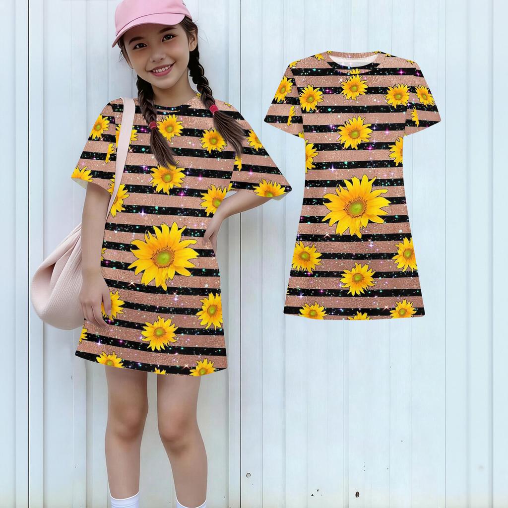 Girls Print Casual Dress Kids Loose Round Neck Short Sleeve Thin Sundress