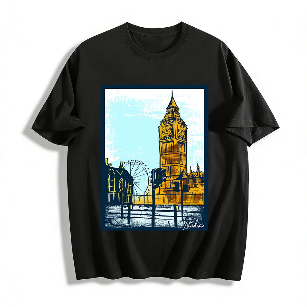 Vintage London Landmark Big Ben London Eye Graphic Tee Pure cotton T-shirt XXS